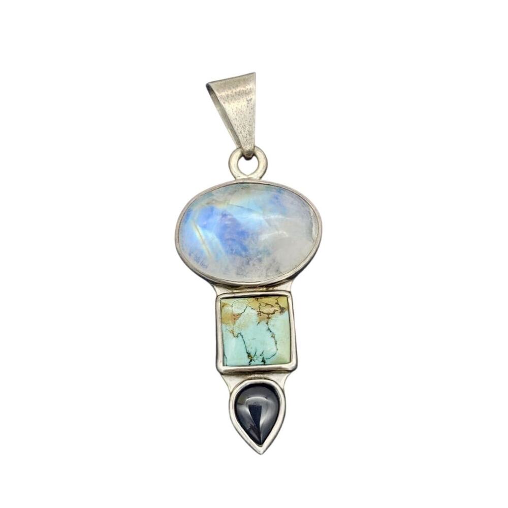 Vtg Charles Albert Fine Sterling Silver Statement Pendant Rainbow Moonstone